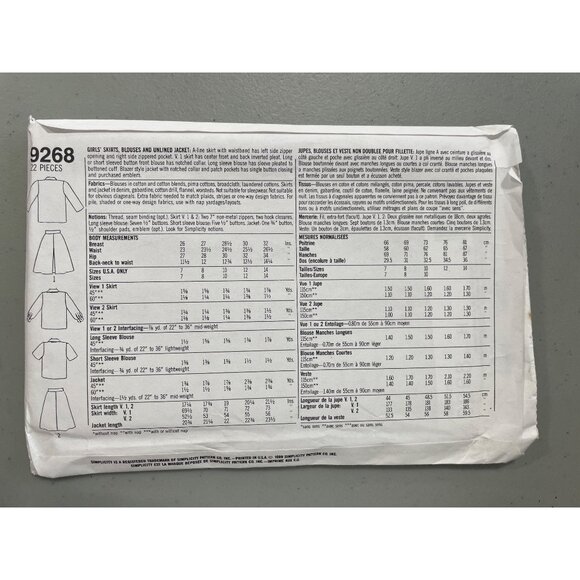 80s Simplicity 9268 Sewing Pattern Size H 7-10 Girls Skirts Blouses Jacket UNCUT - Picture 3 of 7